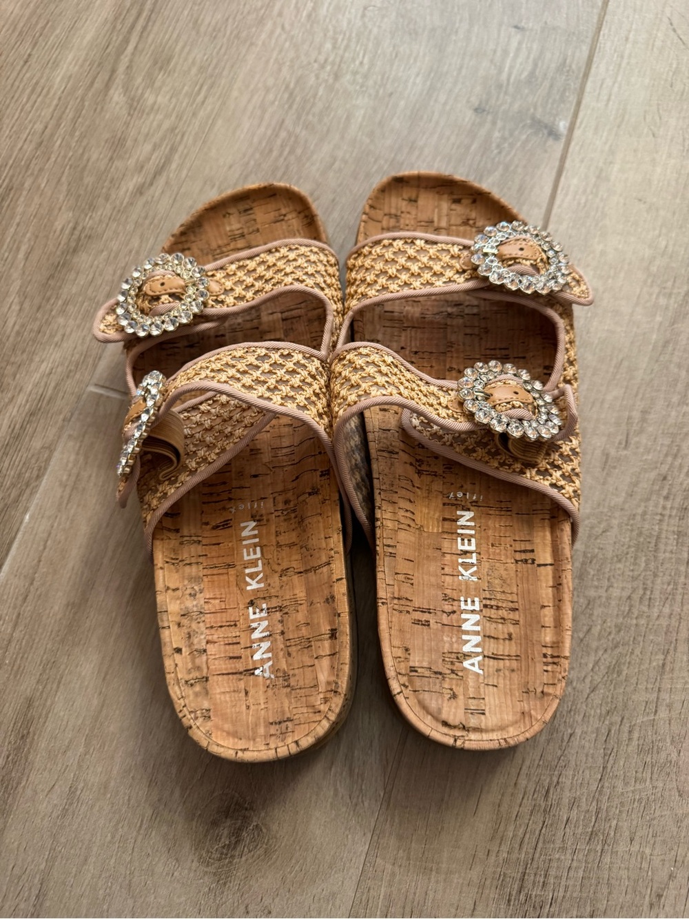 Anne Klein Tan Braided Slide Sandals with Crystal Buckles - Picture 2 of 3